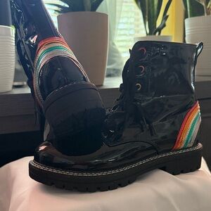 MIA Black Patent Leather Boots with Rainbow Details